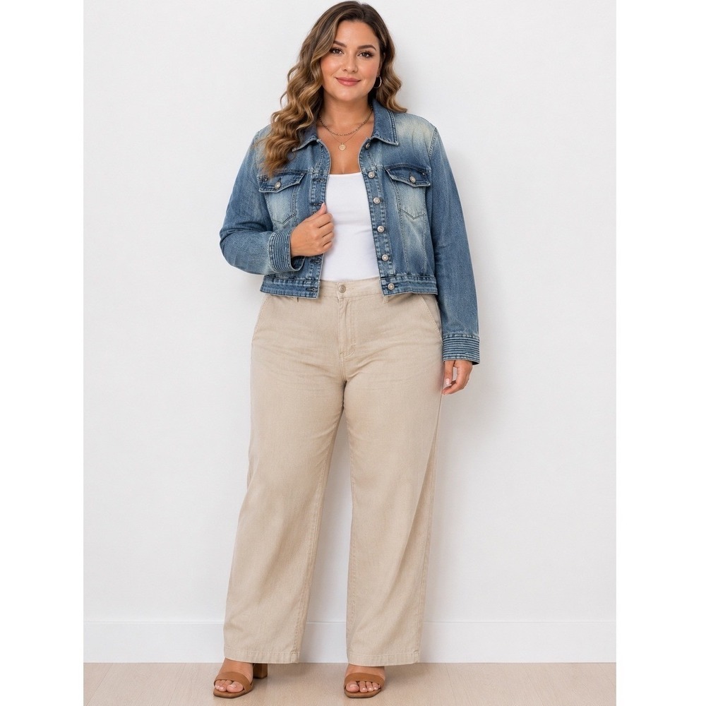Lane Bryant Denim Jacket 26/28W Blue Cropped Rhinestone Button Frayed Stretch
